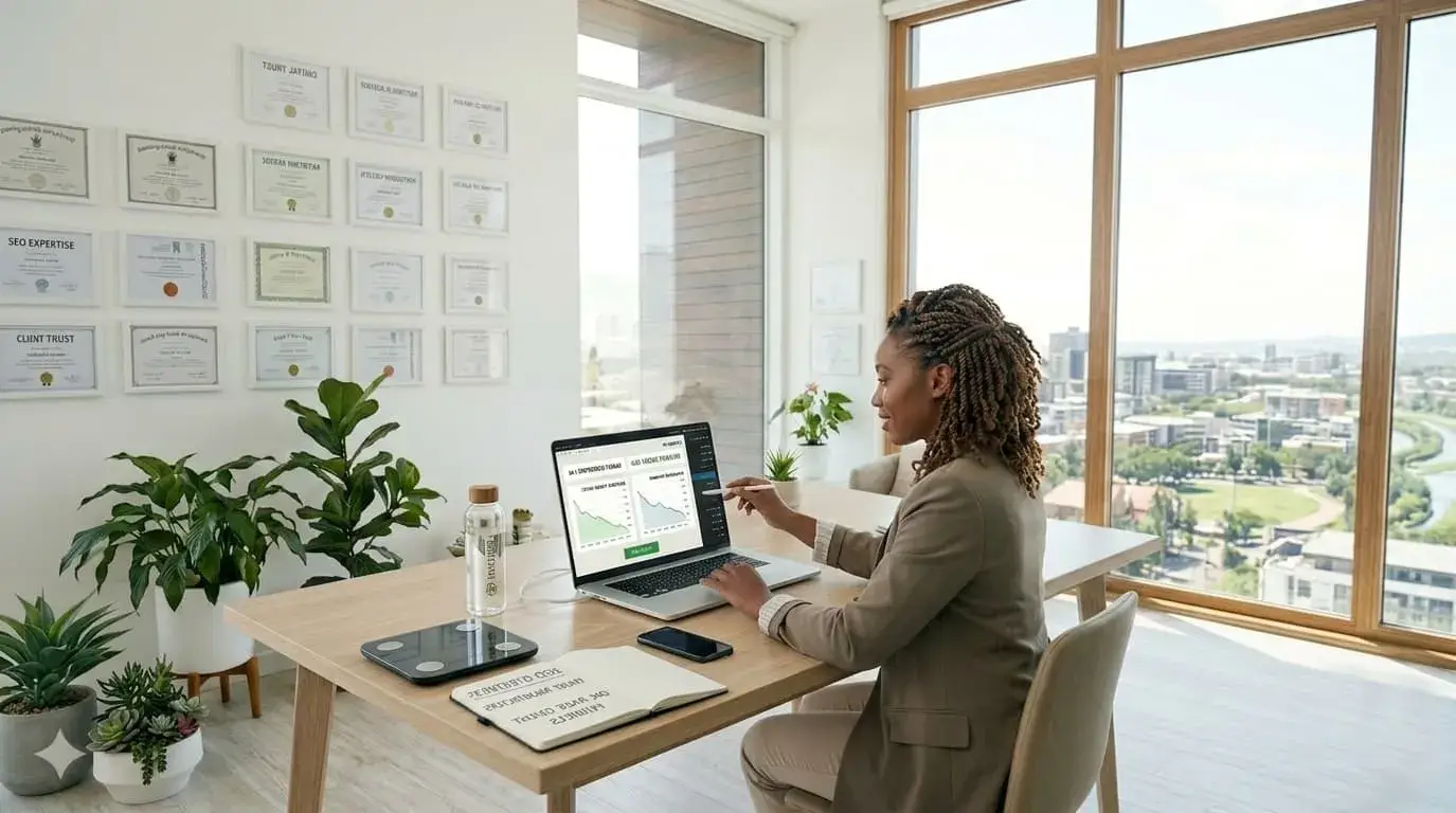 A luxury responsive WordPress website layout optimized via a comprehensive Health Coach SEO Strategy to accelerate client growth.
