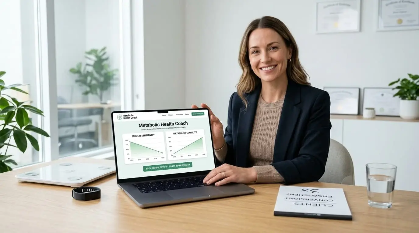 An elite responsive WordPress website dashboard designed for a metabolic health coaching practice showcasing automated client acquisition funnels.