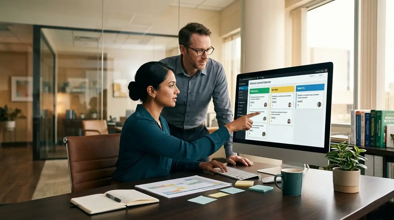An enterprise multi-author editorial dashboard showcasing the advanced features of Managing Nutrition Website with WordPress 7.0 for clinical team workflows.
